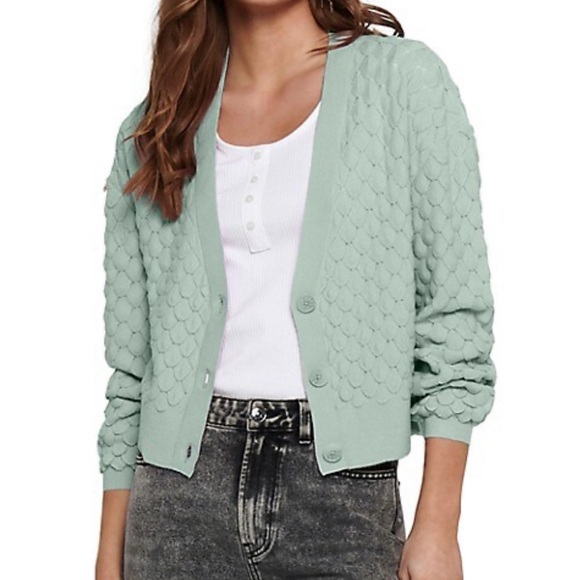 Only Sweaters - knit sweater cropped button cardigan long puffed sleeve V-neck teal. Large